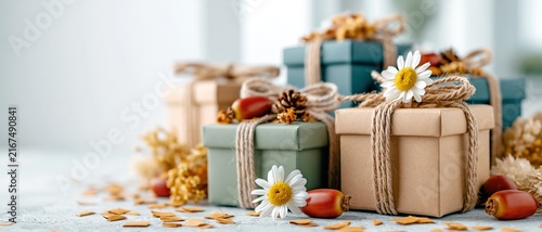 Eco Gift Boxes with Daisy Flowers and Natural Jute Ribbon