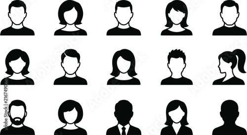 Set of diverse male and female user avatar icons in a simple black and white flat design style