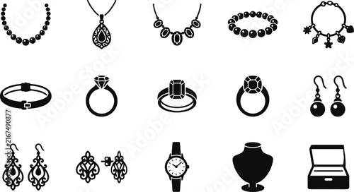 Set of black and white jewelry icons including necklaces rings bracelets earrings watches and jewelry display stands
