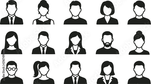 Set of diverse professional user profile avatars including men and women with various hairstyles and business attire