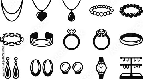 Set of various jewelry icons including necklaces rings bracelets earrings and a wristwatch in black and white style
