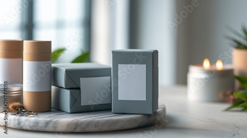 Gray Minimal Packaging Boxes with Kraft Tube and Candles