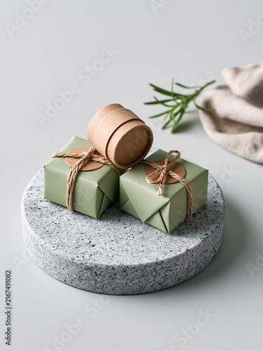 Sage Green Gift Boxes with Kraft Tube on Granite Pedestal