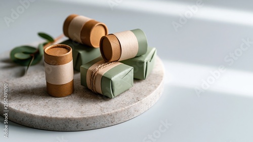 Eco Kraft Tubes and Sage Boxes on Marble Tray with Leaf