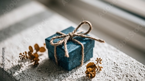 Dark Blue Gift Box with Twine Bow and Dried Botanicals