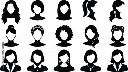 Set of diverse female user profile avatars with various hairstyles and professional clothing in black and white silhouette style