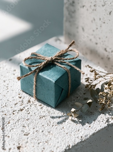 Teal Gift Box with Twine Bow in Dramatic Soft Light