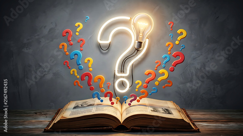 Neon question mark emerging from open book, glowing letters