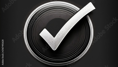 black rubber stamp with a white checkmark inside a circle symbolizing approval and correctness