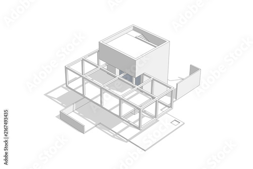 3D minimal architectural. Conceptual illustration of modern house with geometric structure. Isometric perspective. Building graphic suitable for architecture presentation.