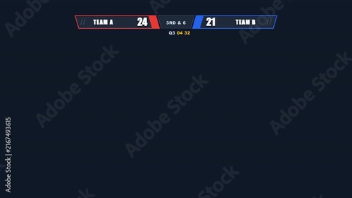 Digital sports scoreboard overlay displaying team scores and match timer on a dark background.