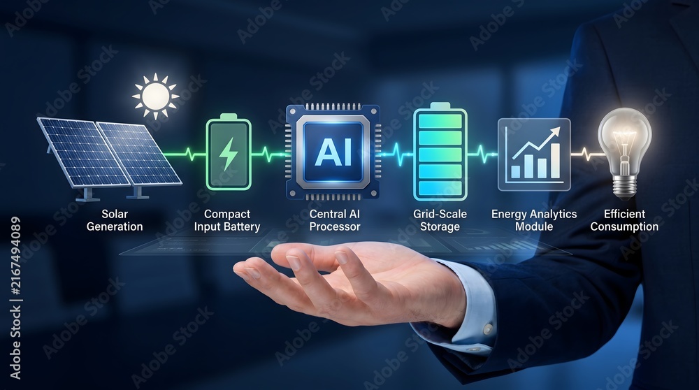 Obraz premium AI-powered smart grid with solar energy generation and storage