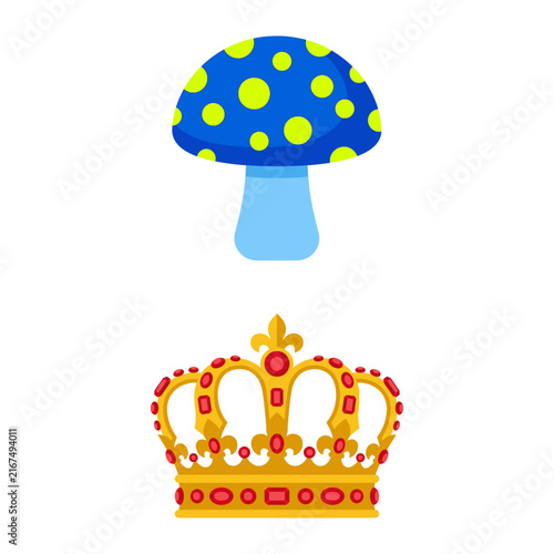 Bild auf Leinwand Whimsical Blue Mushroom Illustration Paired With A Detailed Golden Royal Crown I