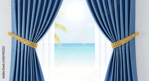 Blue curtains with yellow ribbon opening to ocean view