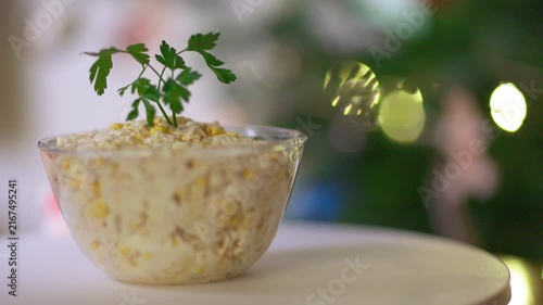 Appetizing Homemade Salad with Green Garnish on a Tabletop