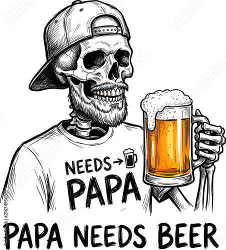 Skeleton in a cap holding a beer mug with humorous text about beer  
