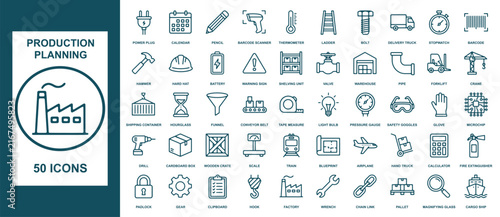 Production planning vector icon set showing fifty essential symbols for logistics supply chain and factory management