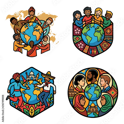 A collection of icons representing global unity and cultural diversity where people of different culture and heritage surround the globe for peace.