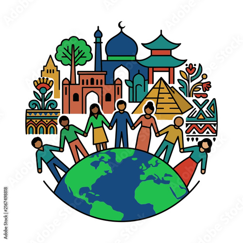 Culture - A colorful illustration representing global unity and diversity with people from different cultures holding hands around the world's
