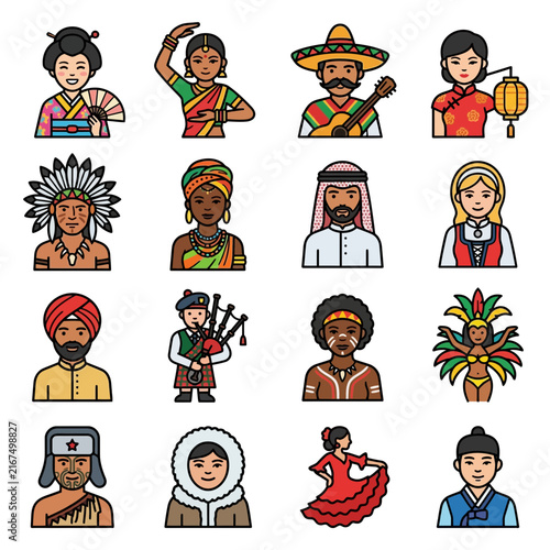 Culture - A diverse and multicultural collection of global characters wearing traditional ethnic clothing representing various world cultures and