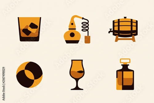Whiskey distillery icons with barrel bottle glass and still