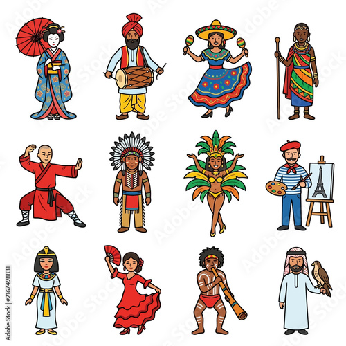 Diversity and culture through global traditional people characters representing world heritage and ethnic identity in a colorful illustration.