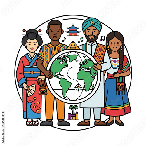Multicultural people standing in global unity and diversity around a world globe, representing international friendship and cultural heritage.