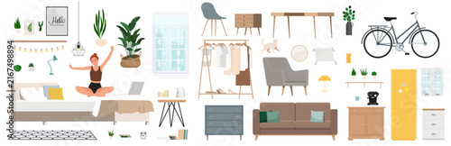 Cozy apartment furniture and interior design element constructor set with character