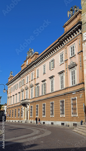 Facade of the Bishop's Palace (or Bishop's Curia) located in Piazza Duomo next to the Cathedral. The historic building originally dates back to the 15th century Piacenza italy