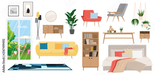 Modern living room and bedroom furniture constructor element set clipart
