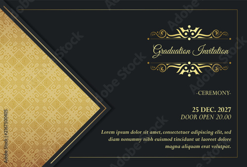 Elegant Black and Gold Graduation Invitation Template with Ornamental Design