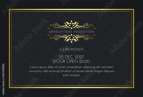 Elegant Dark Graduation Invitation Template with Gold Ornamental Frame and Pattern