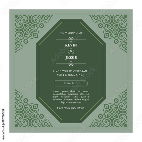 Elegant Sage Green Wedding Invitation Template with Ornamental Floral Corners