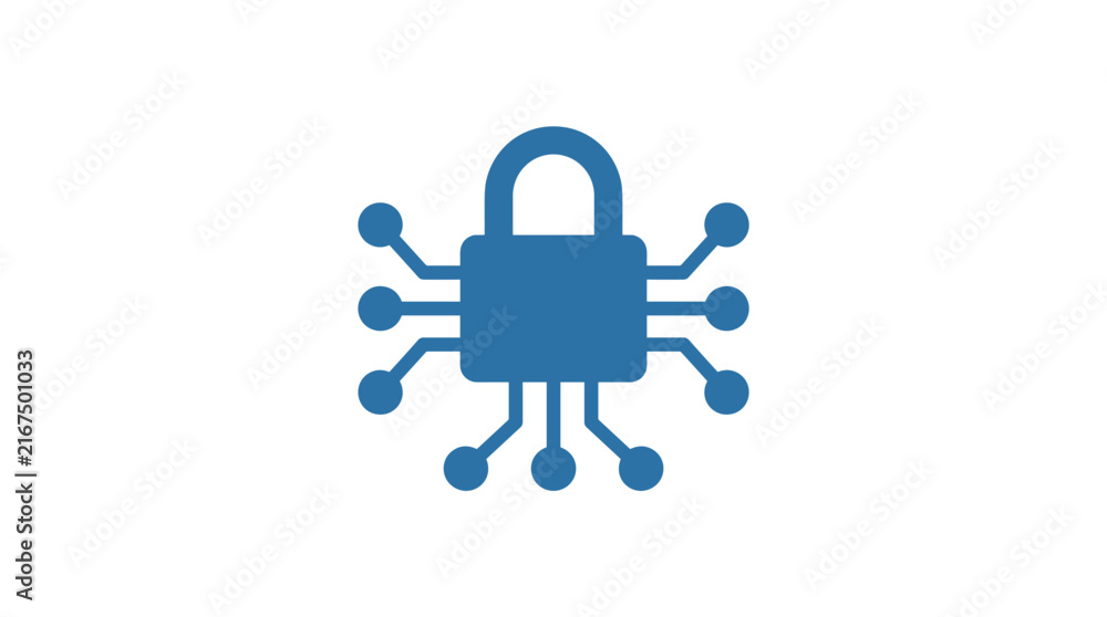 Fototapeta premium Blue padlock microchip icon representing digital security and data protection on a clean white background