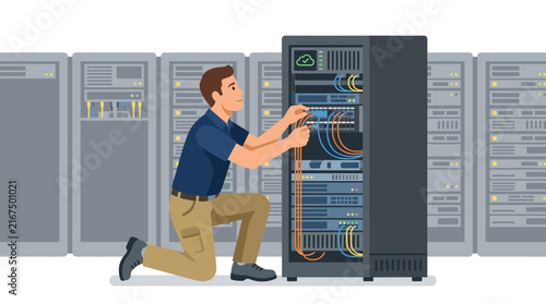 Professional network engineer managing server infrastructure and cable connection in data center flat illustration for technology and cloud computing