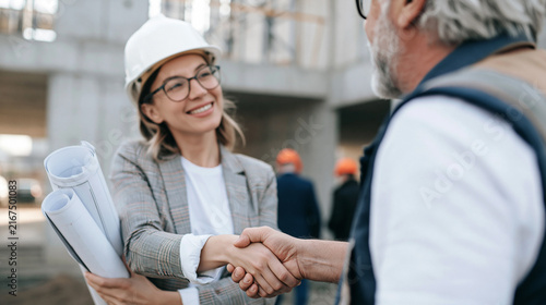 Female architect and experienced construction worker shaking hands, sealing a partnership agreement at a building site