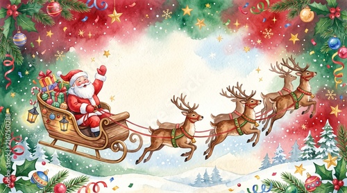 Santa Claus in flying sleigh with reindeer watercolor illustration for Christmas background