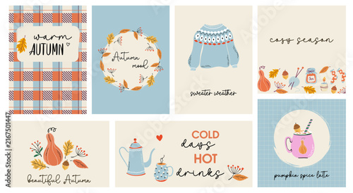 Autumn themed card set. Fall mood prints with essential autumn elements. Hygge time and warm season concept. Hand drawn flat design vector illustrations collection.