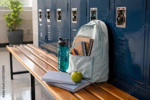 schoolbag and water flask on locker room wood bench