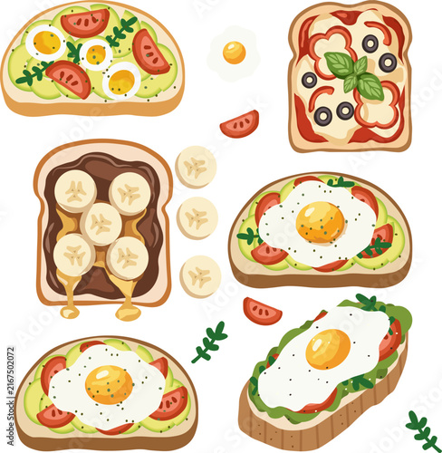 ​Healthy toast variation vector illustration with avocado, egg, banana, chocolate, and tomato toppings isolated on white background