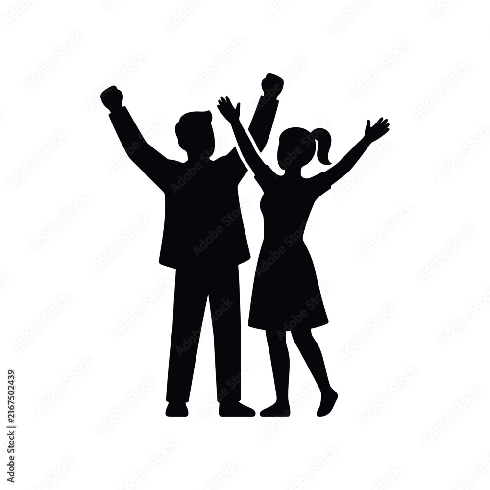 Fototapeta premium Silhouette of a happy couple celebrating with raised arms.
