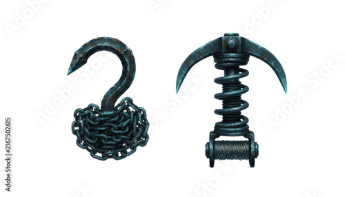 Set of Rusty Metal Grappling Hooks and Chains