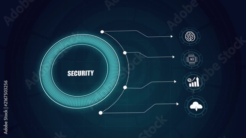 Cyber security interface background with artificial intelligence icons, modern futuristic technological digital network concept, glowing infographic HUD display.