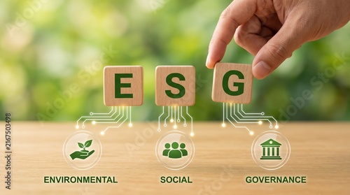 Environmental social governance concept with ESG blocks representing sustainable investment and responsible corporate management