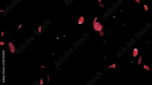 Red flower petals falling slowly against a dark background with swirling blue energy with falling gently through dark space filled blue smoke light video red atmosphere