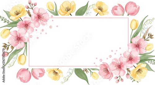 Colorful spring flowers and fresh fruits arranged on white background.