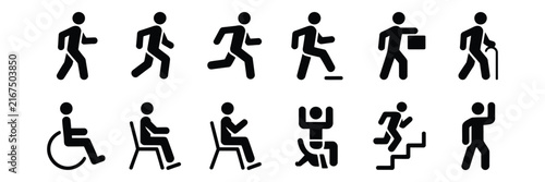 Human pictograms and action icons featuring walking, running, climbing stairs, carrying boxes, hiking, sitting, jumping, wheelchair use, and pointing