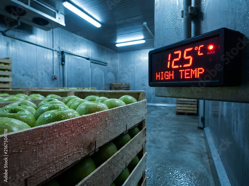 Digital display showing high temp warning in cold storage facility with crates of green apples highlighting refrigerated warehouse failure