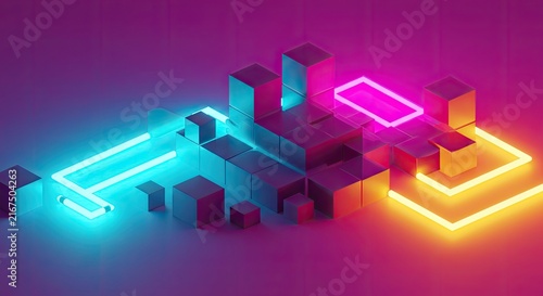 Abstract 3D rendering of futuristic glowing neon architecture design.