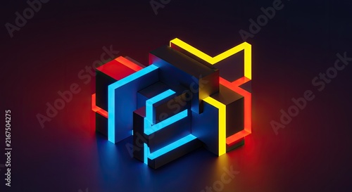Abstract 3D rendering of a glowing blue cube with neon lights.